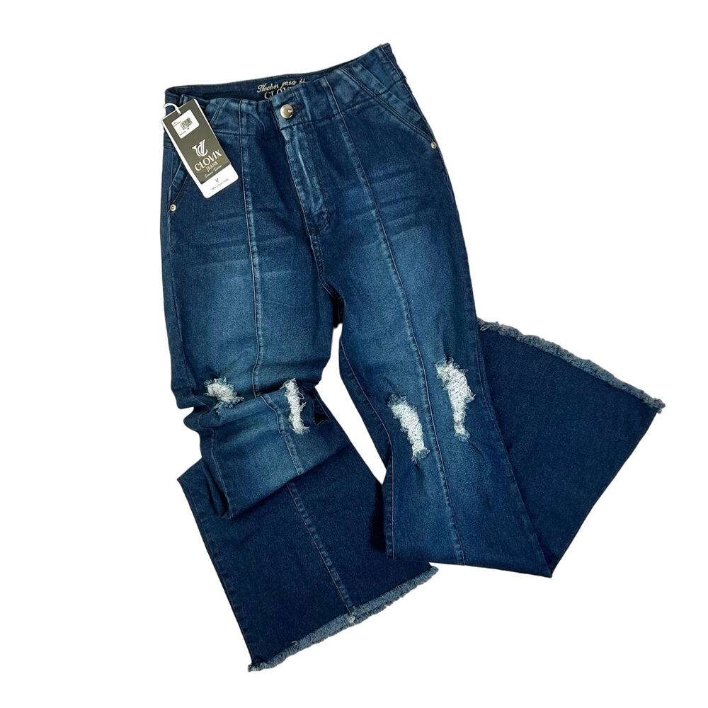 Clovix Jeans Dama WMNS Blue Tummy Control Distressed Raw Hem Wide Leg SZ US 10